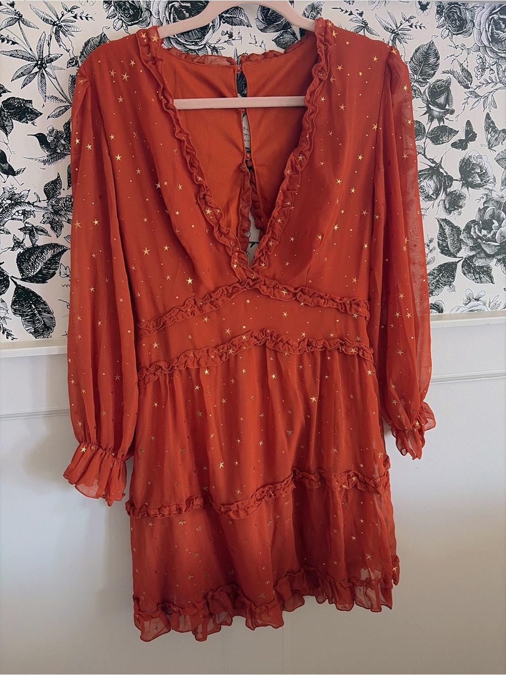 Red Star-Print Ruffle Tiered Mini Dress